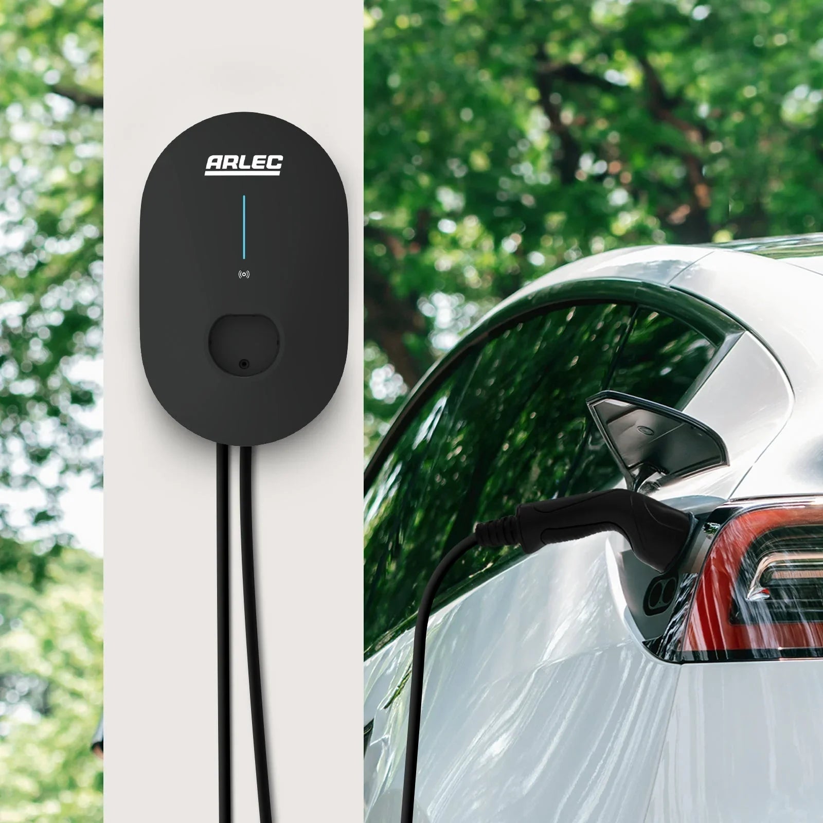 Arlec IP55 7kW single phase EV charger with Type 2 connector charging a white electric car