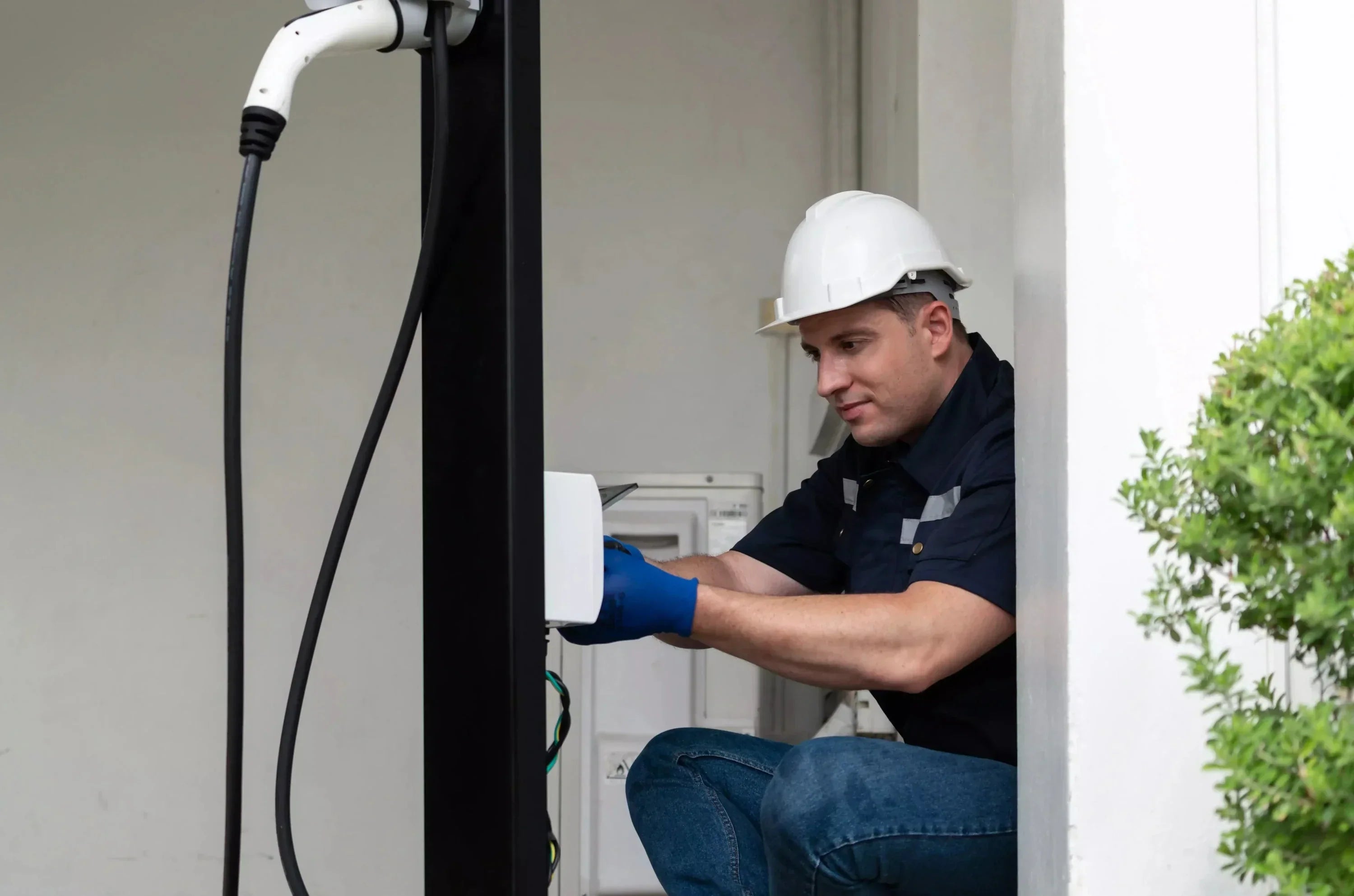 Electrician installing EV charger outdoors, wearing hard hat and safety gloves
