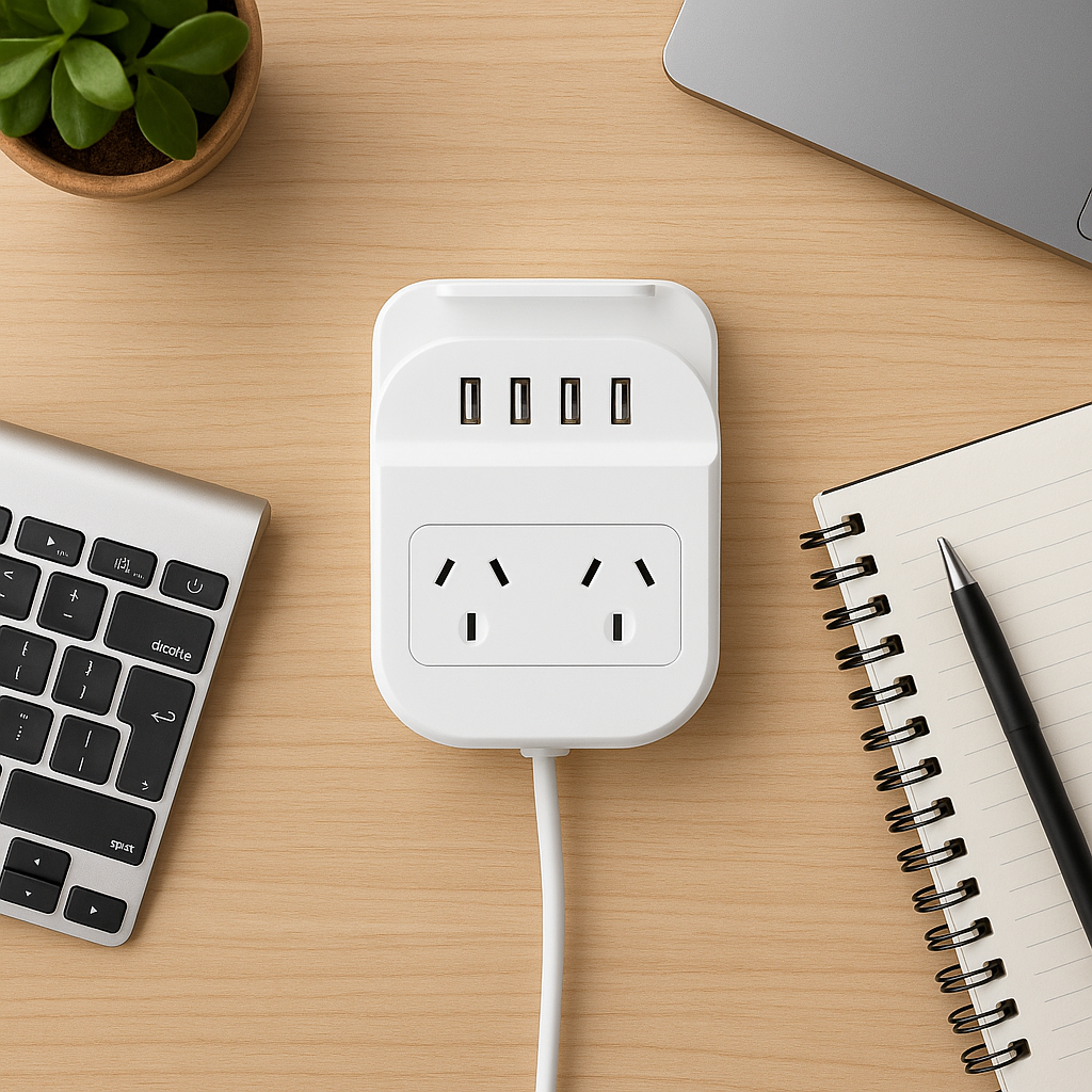 Modern office desk with power outlet, USB charger, laptop, keyboard, plant, and notebook