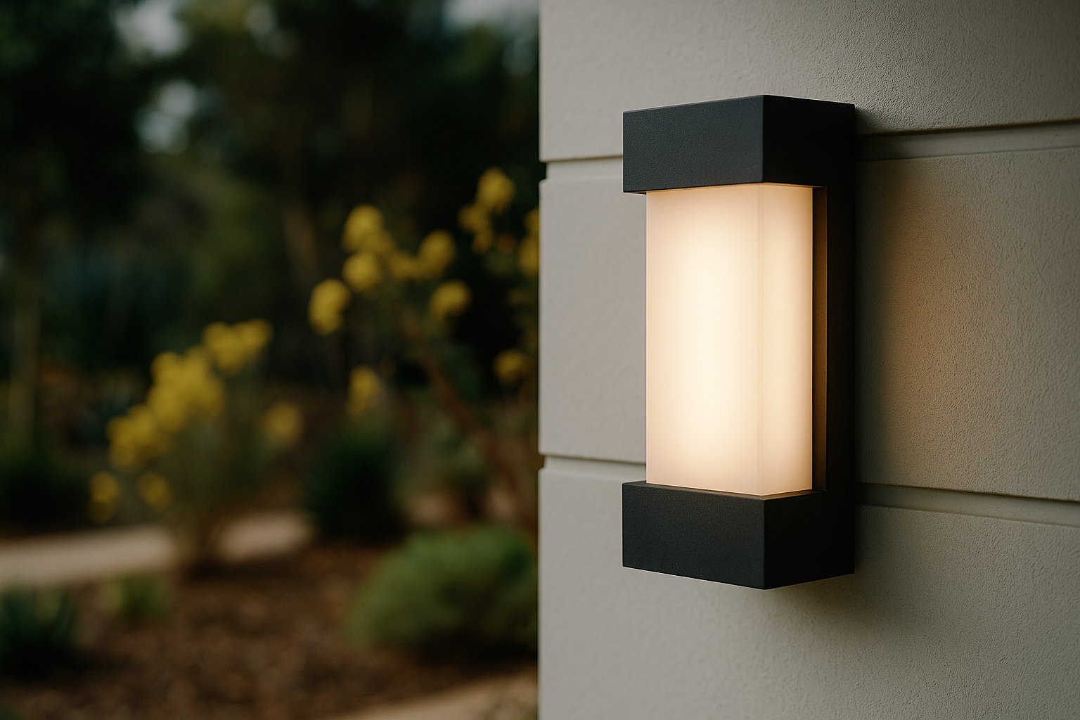 Modern black and white wall light fixture mounted on exterior wall outdoors