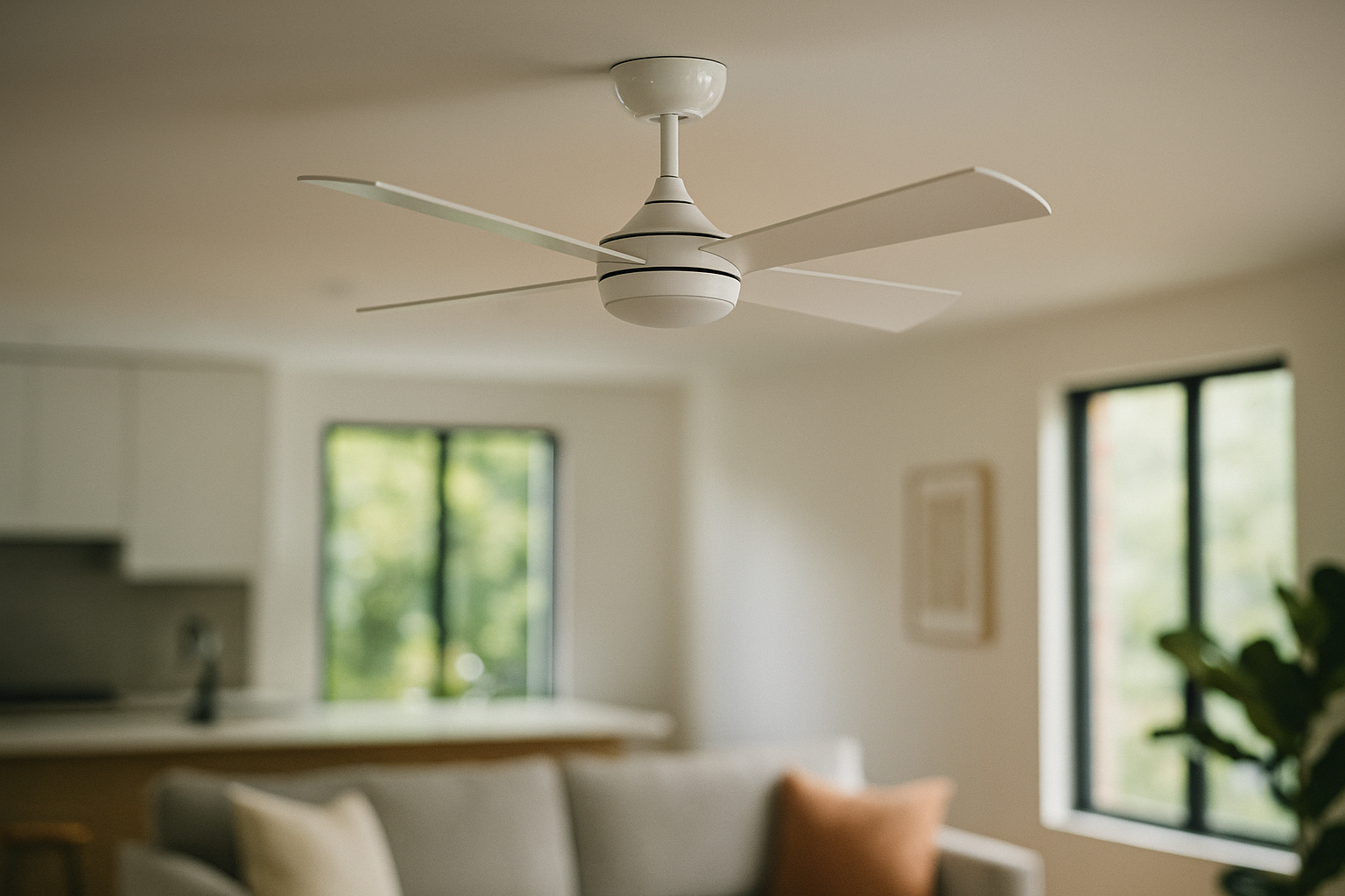 Modern white ceiling fan in bright living room with sofa and large windows