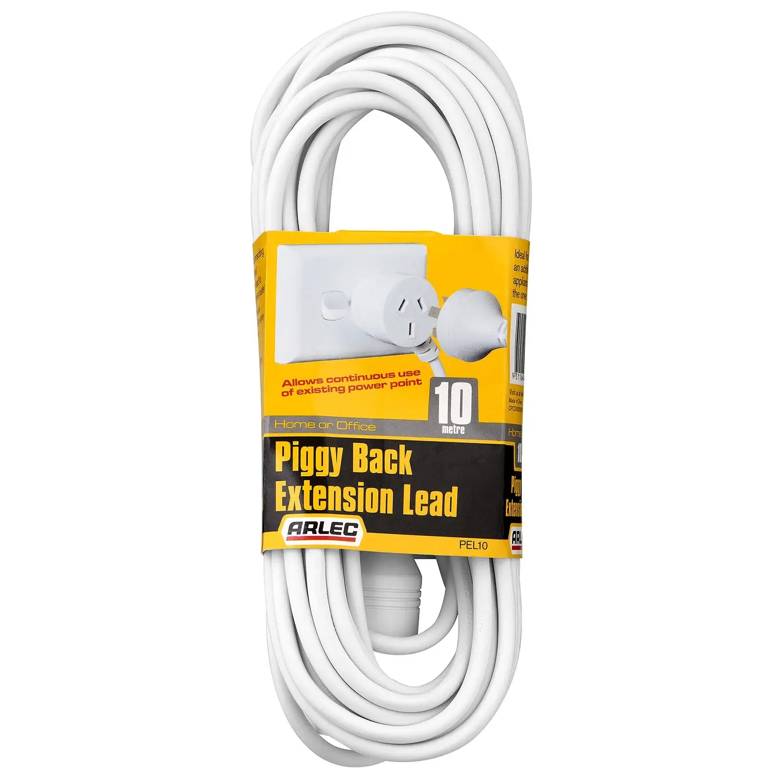 Arlec 10m piggyback extension lead – white cord with side entry plug