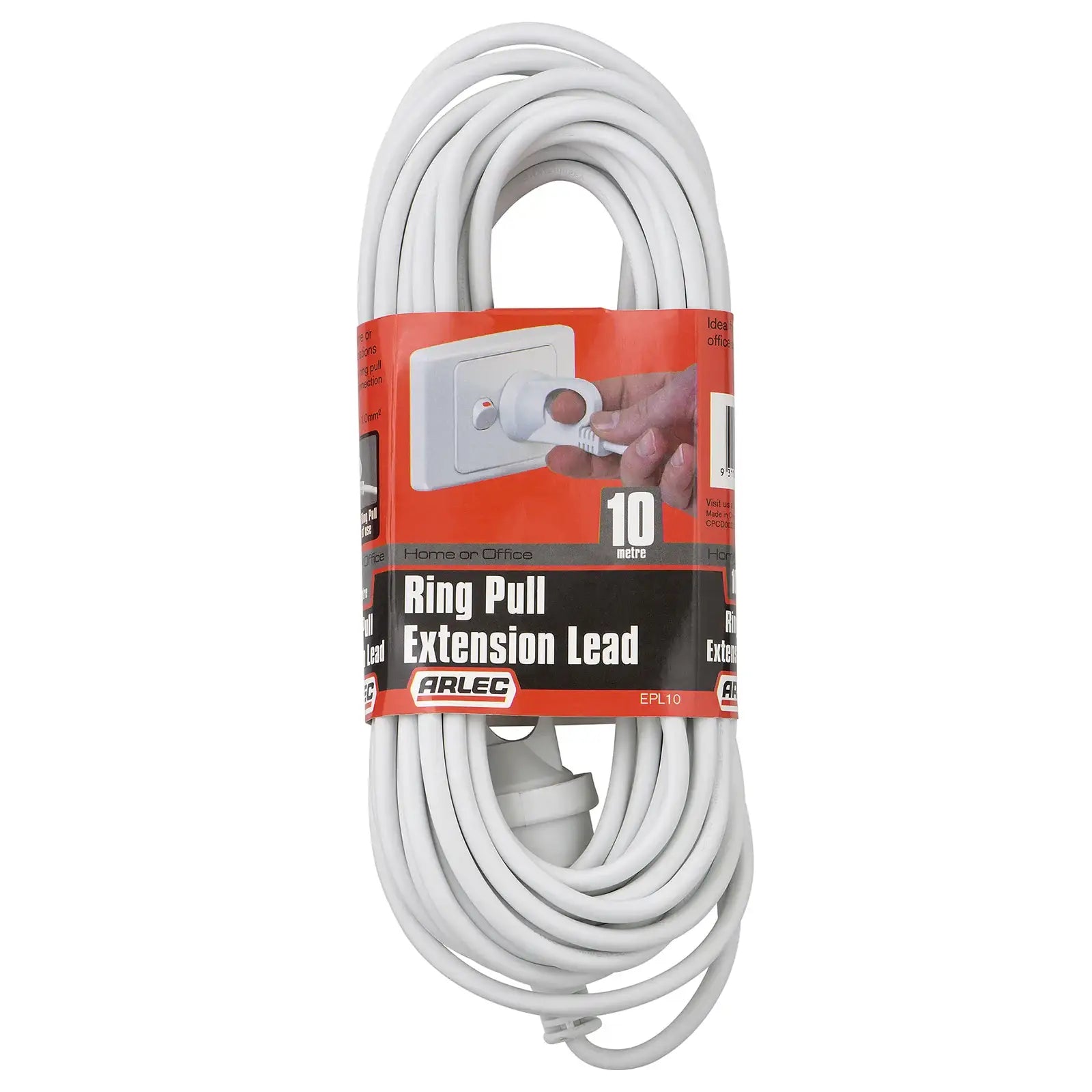 10m white extension cord with ring pull plug – Arlec household use