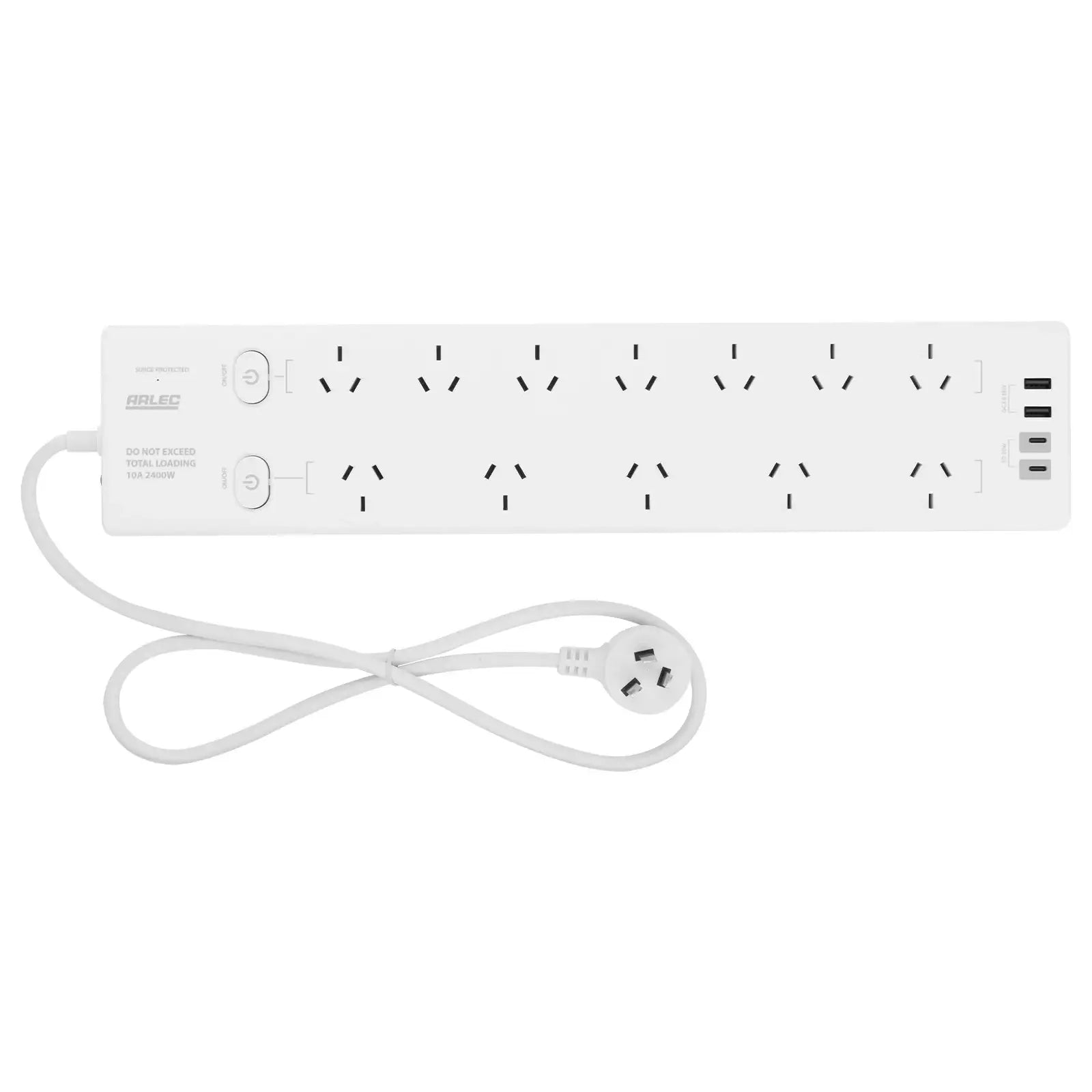 Arlec 12 Outlet Surge Protected Powerboard With PD20W Rapid Charging USB 2xA And 2xC - PD20W powerboard, USB charging strip, surge protected 12 socket board