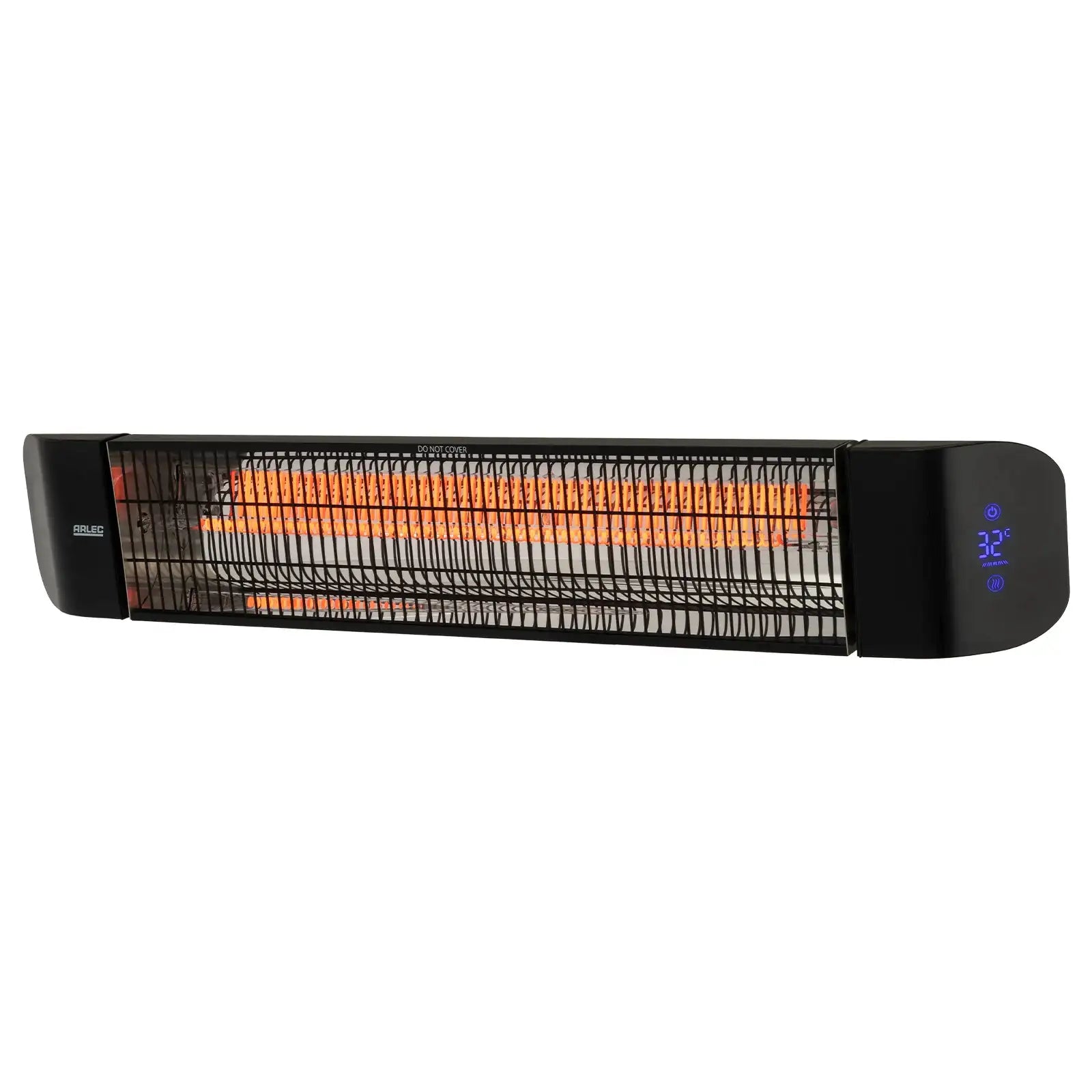 arlec 2400w infrared strip heater – outdoor radiant heater; black wall-mounted heater; grid connect smart heating for alfresco areas