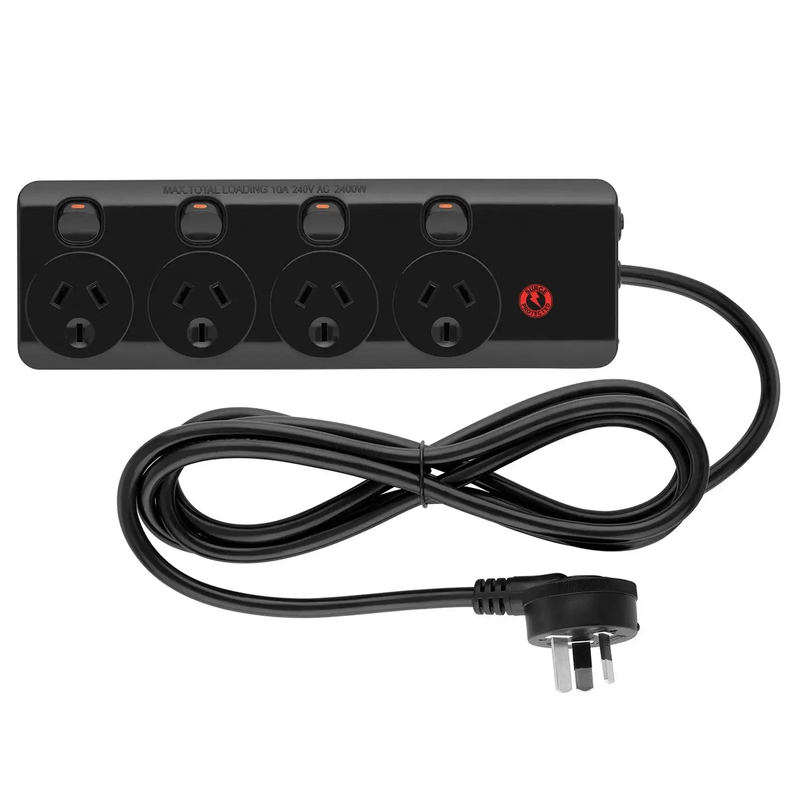 Arlec 4 Outlet Black Surge Protected Powerboard - black surge protector, 4 outlet extension board, long cable powerboard