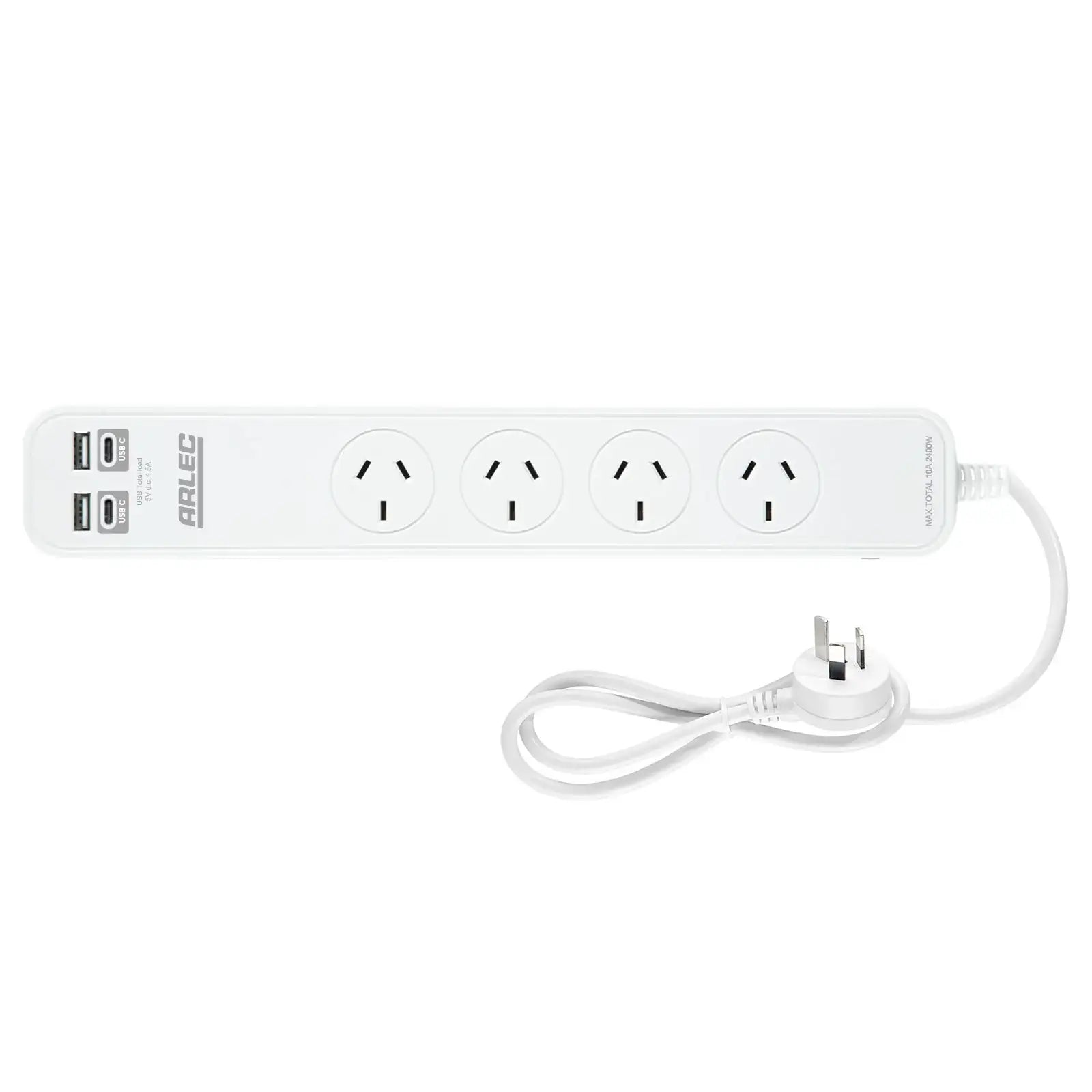 Arlec 4 Outlet Powerboard With USB 2A And 2C Charging Ports - USB charging board, power strip with 4 outlets, fast charge powerboard