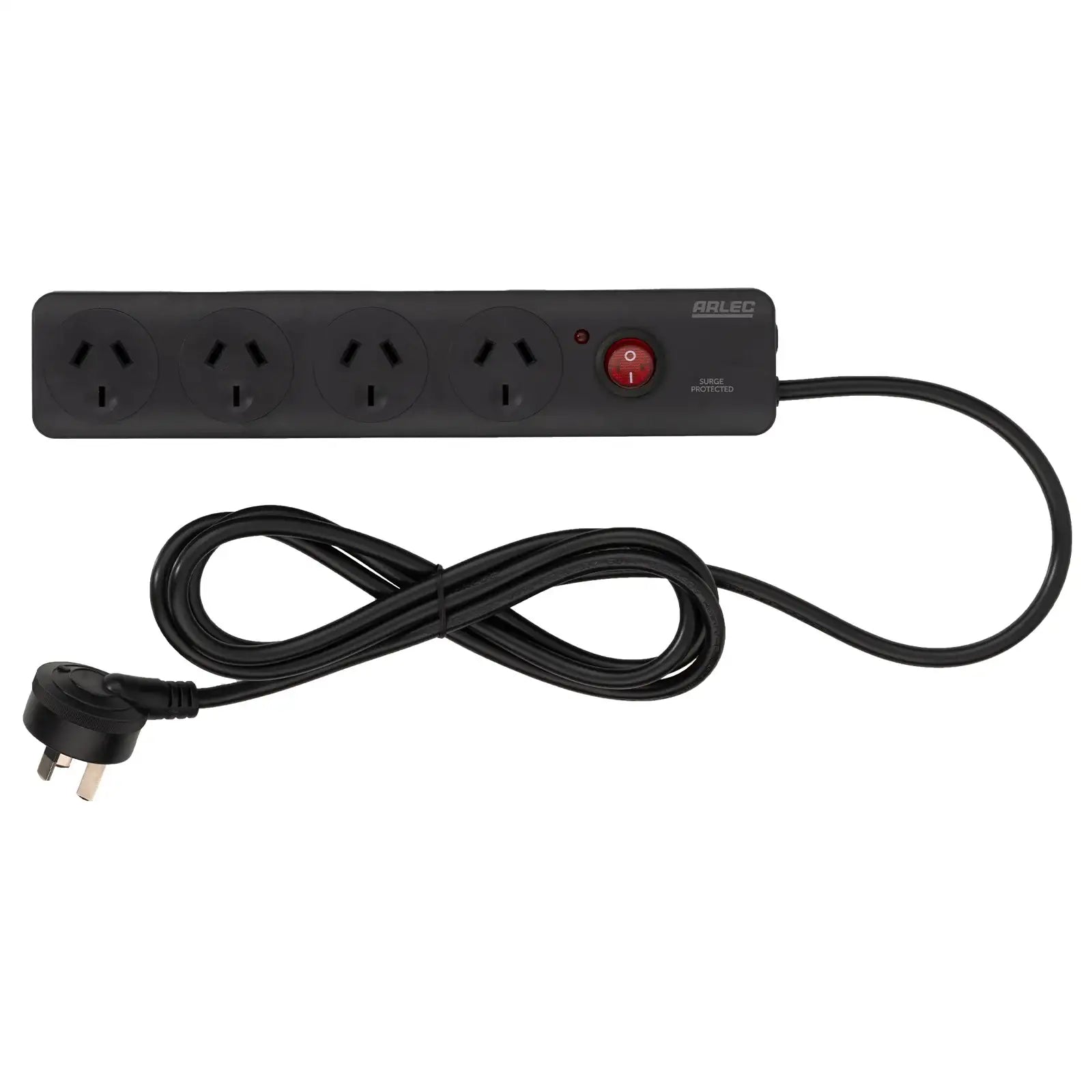 Arlec 4 Outlet Surge Powerboard Black – surge protected extension board, compact black design