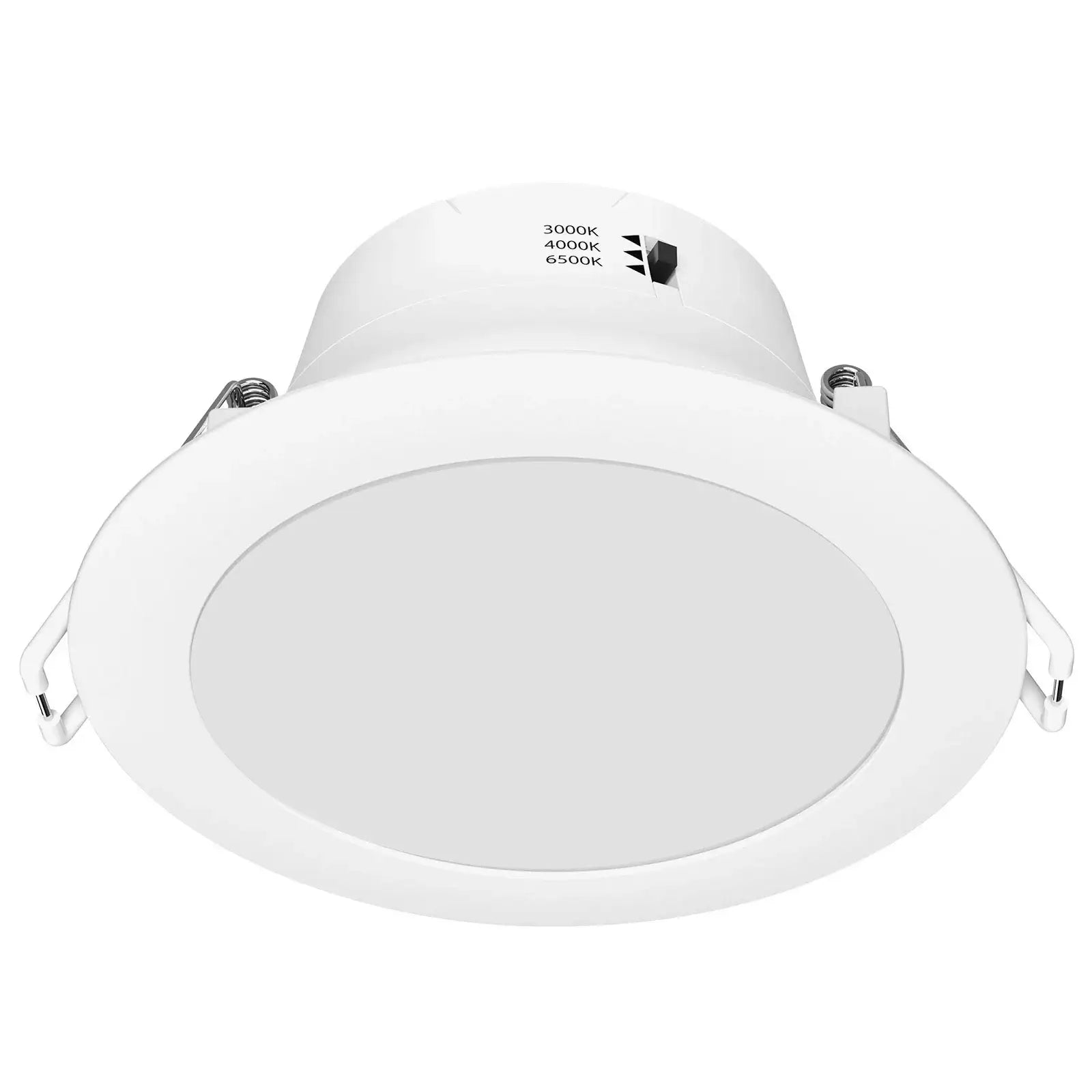 Arlec 9W tri-colour dimmable LED downlight with white circular frame and switch settings