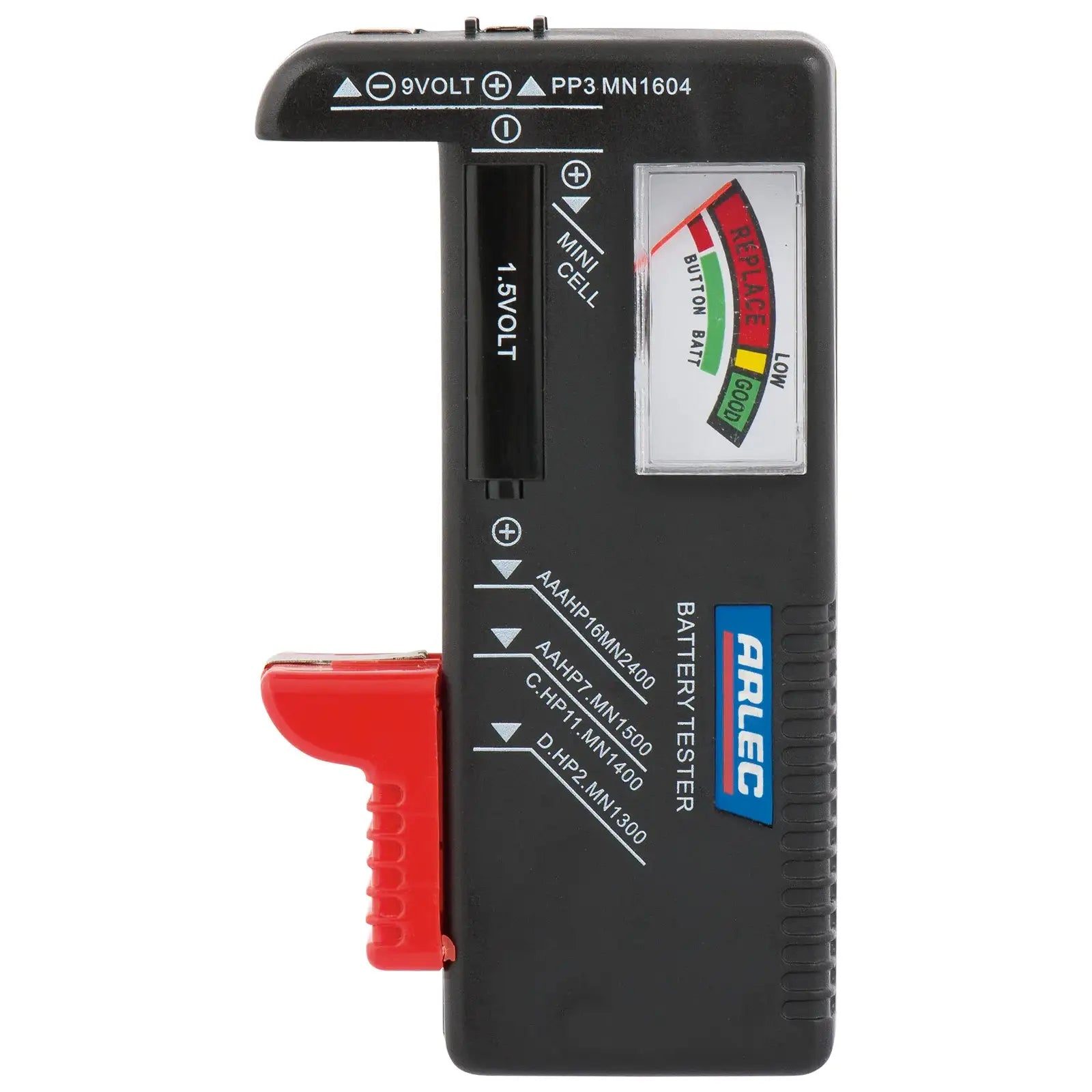 Battery tester for AAA, AA, C, D, 9V – Arlec with color-coded meter