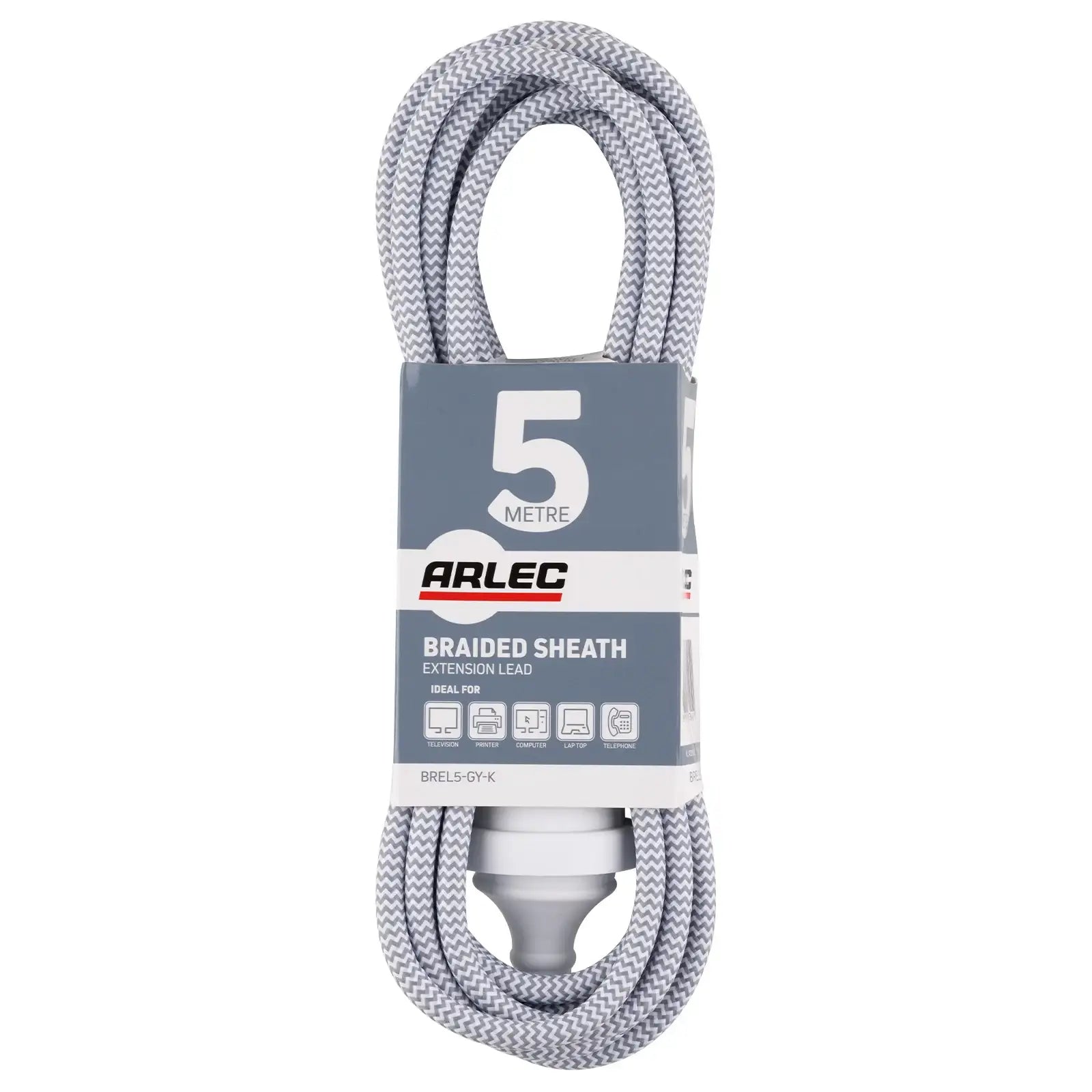 5m Braided Extension Lead Grey - grey braided cable, 5m indoor power lead, home extension cord
