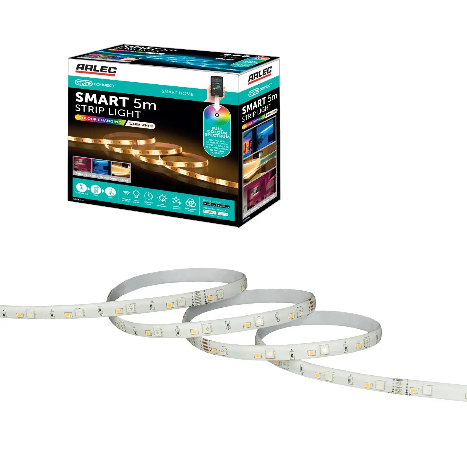 5m RGB and white LED strip light with remote and app control, fully adjustable brightness and color modes