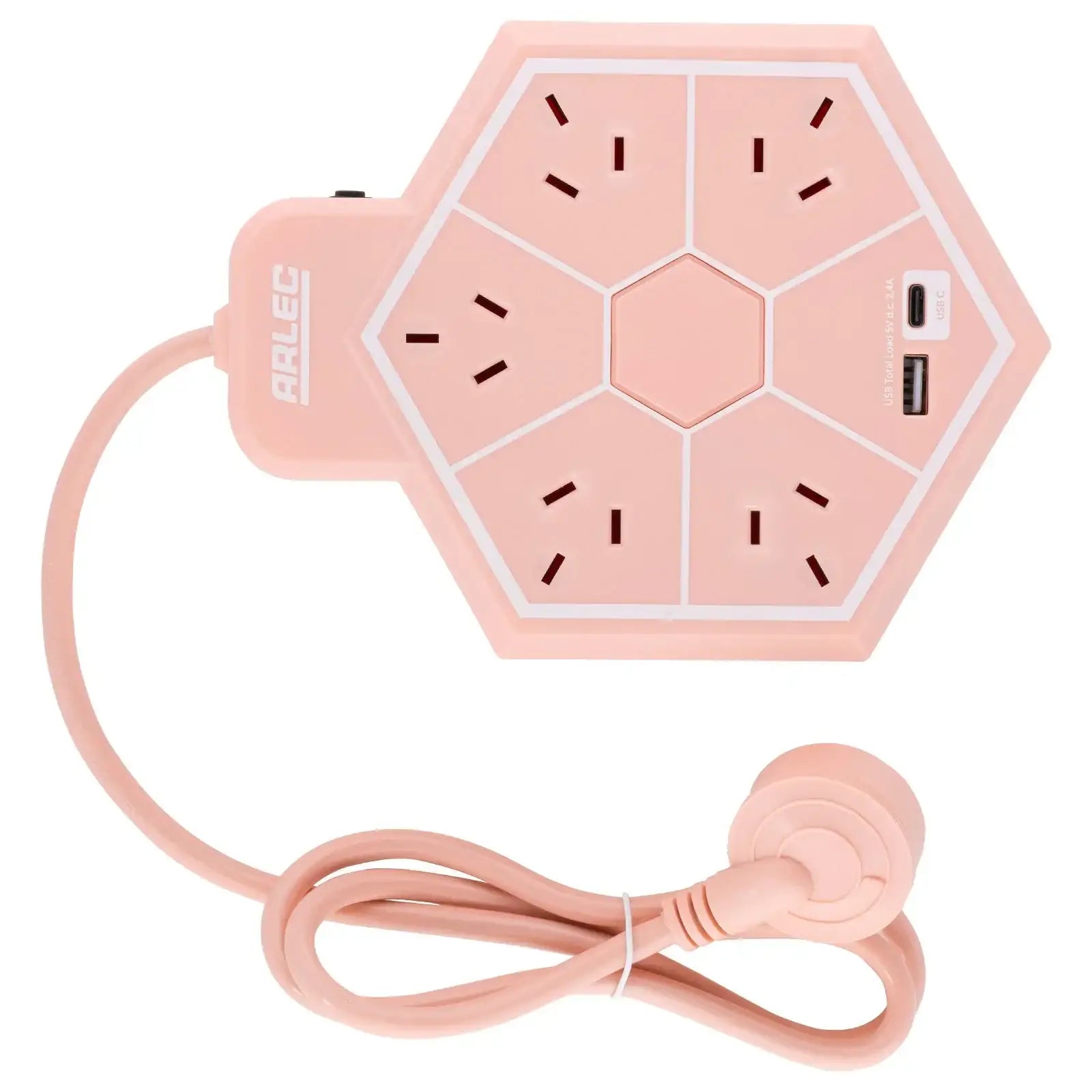 5 outlet hex powerboard with USBs – peach – hexagonal design powerboard with USB ports