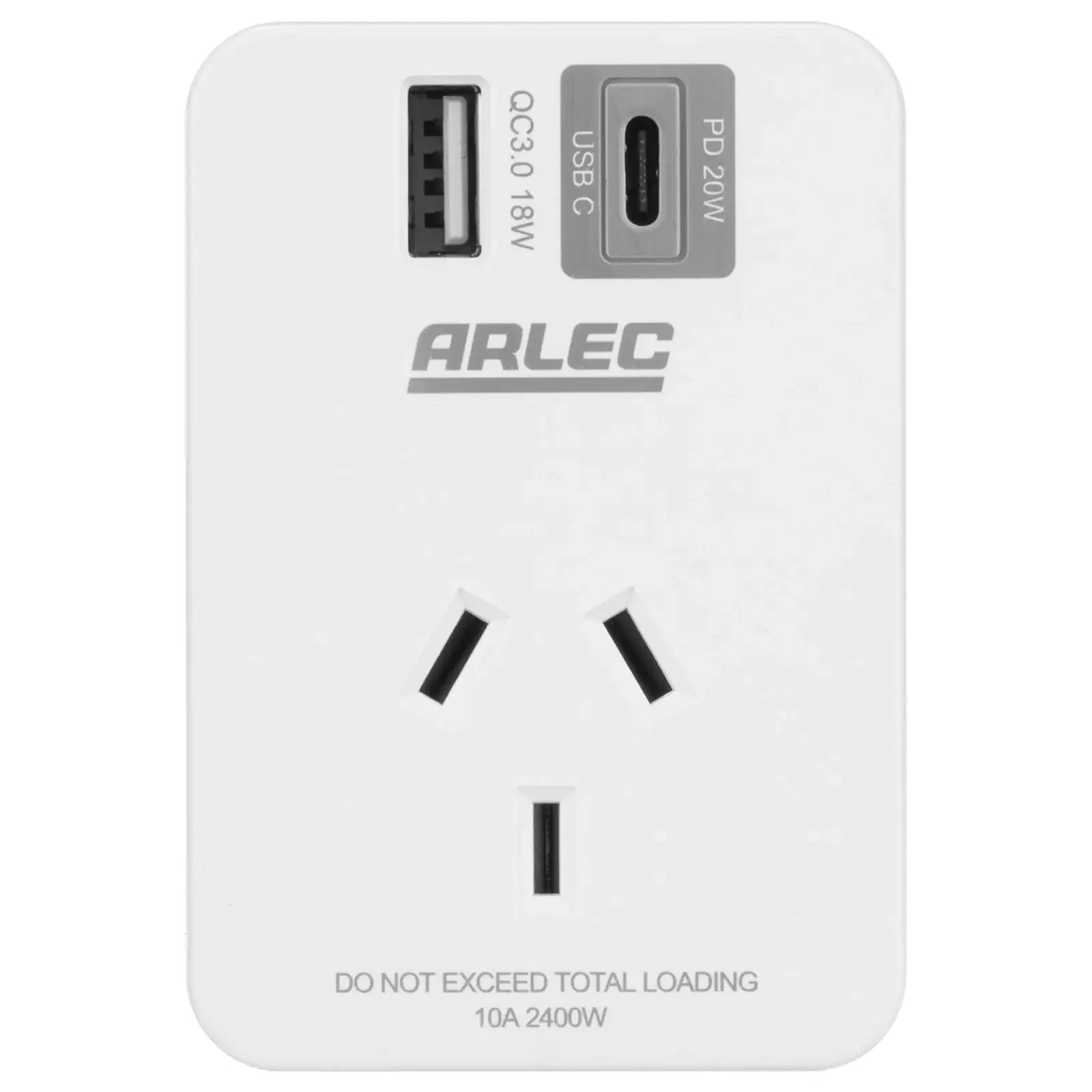 Arlec power adapter with USB-C PD 20W, USB-A QC 3.0, and Australian socket