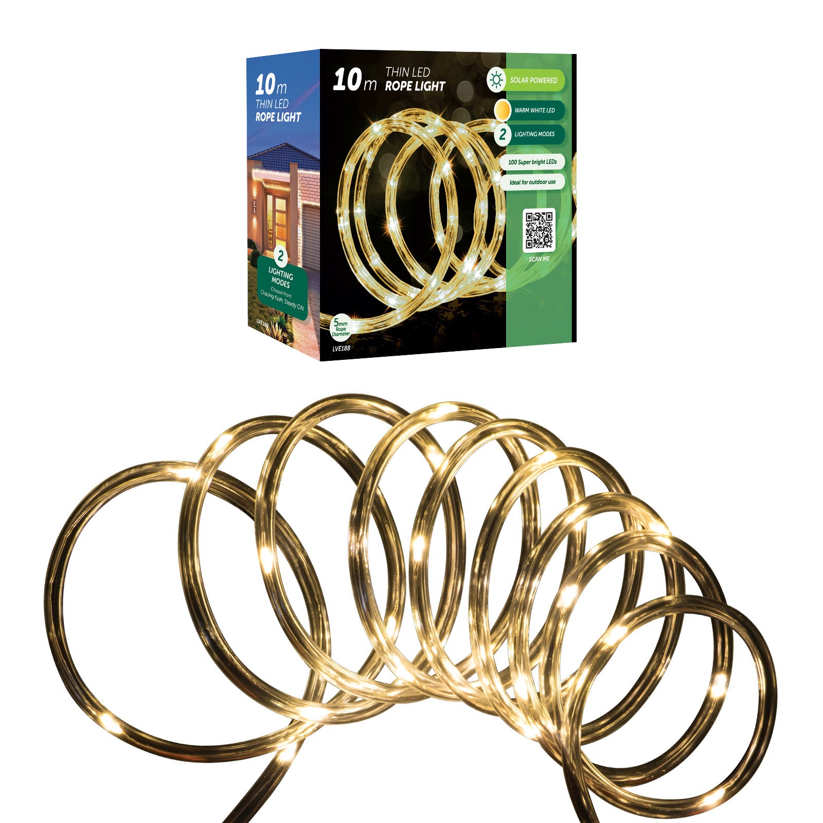 Arlec 10m Warm White Solar Powered Thin LED Rope Light